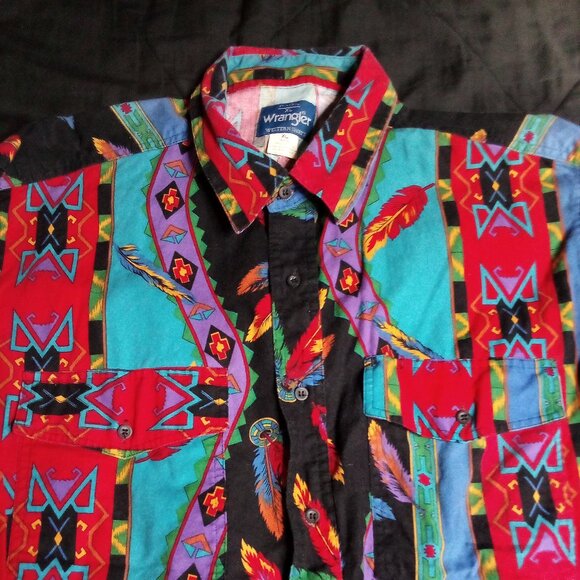 Vintage Wrangler Southwest Aztec Feathers Brushpopper Western Button Shirt - Picture 1 of 7